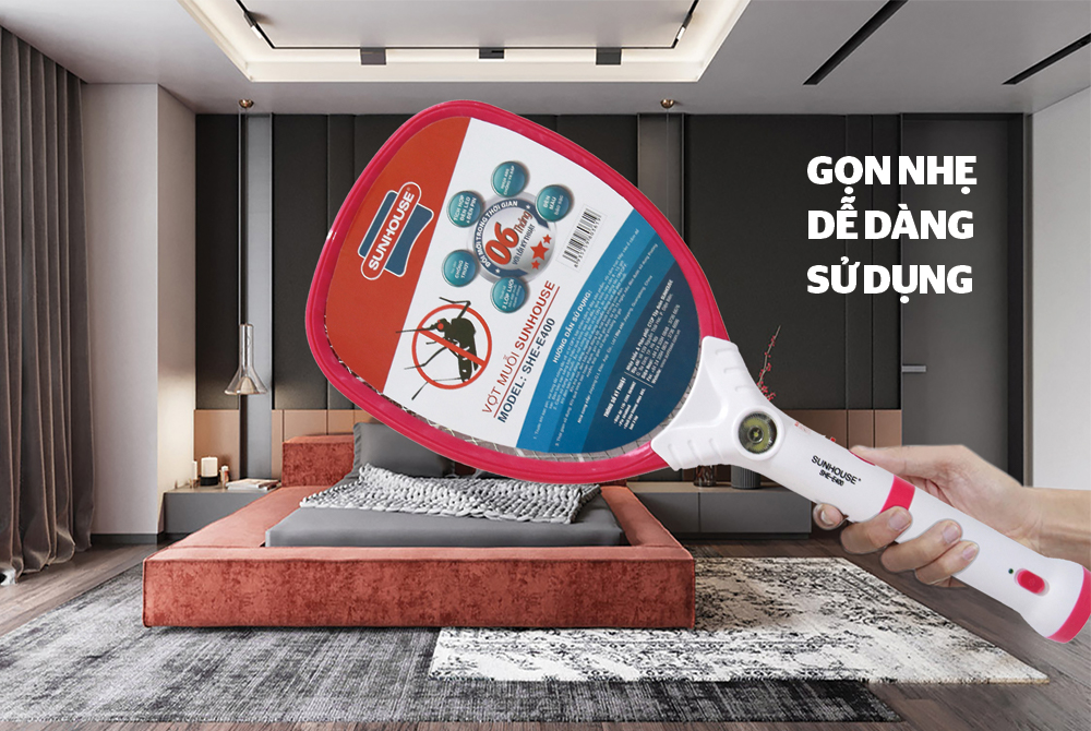 Vợt muỗi CHÍNH HÃNG SUNHOUSE SHE-E400 màu hồng 1