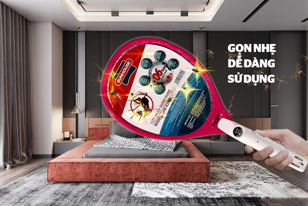 VỢT MUỖI CHÍNH HÃNG SUNHOUSE SHE-E250 MÀU HỒNG 1