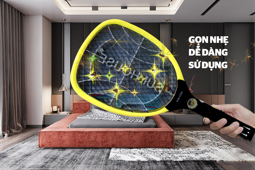 VỢT MUỖI CHÍNH HÃNG SUNHOUSE SHE-E280 MÀU VÀNG 2