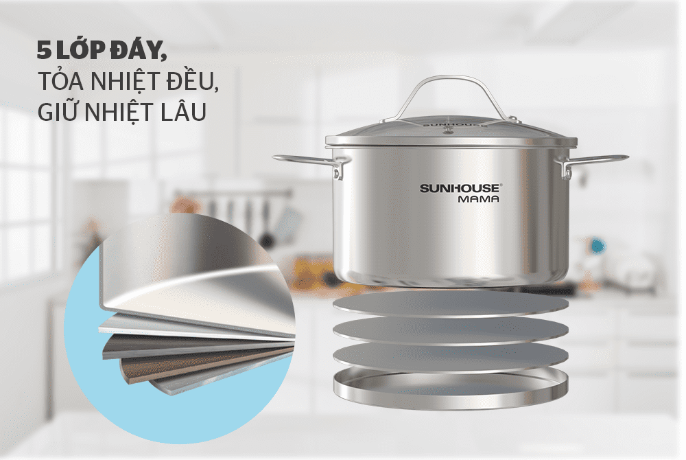 BỘ NỒI INOX 5 ĐÁY CHÍNH HÃNG SUNHOUSE MAMA SHG502 5