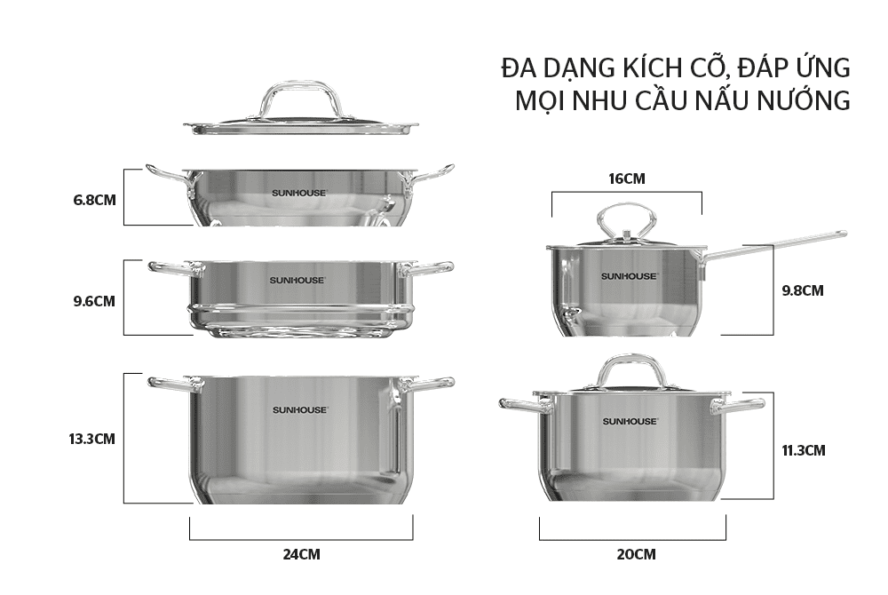 BỘ NỒI CHẢO INOX 5 ĐÁY CHÍNH HÃNG SUNHOUSE SHG995 6
