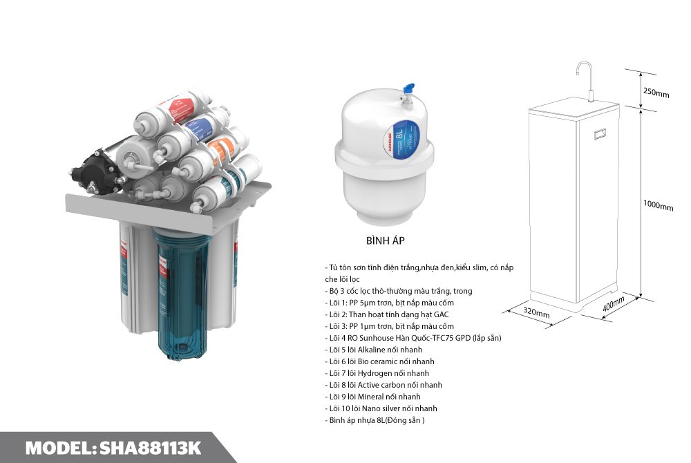 MÁY LỌC NƯỚC R.O 10 LÕI CHÍNH HÃNG SUNHOUSE SHA88113K 6
